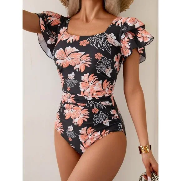 Womens Eomenie Black One Piece Tummy Control Swimsuit with Ruffle & Ruched Back - Picture 4 of 5